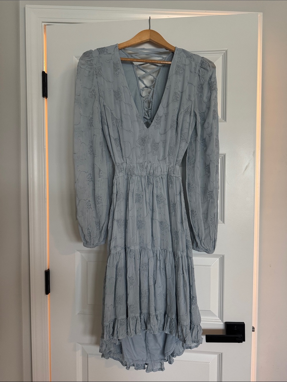 Guess Pale Blue Tiered V-Neck Lace-Up Knee- Length Dress